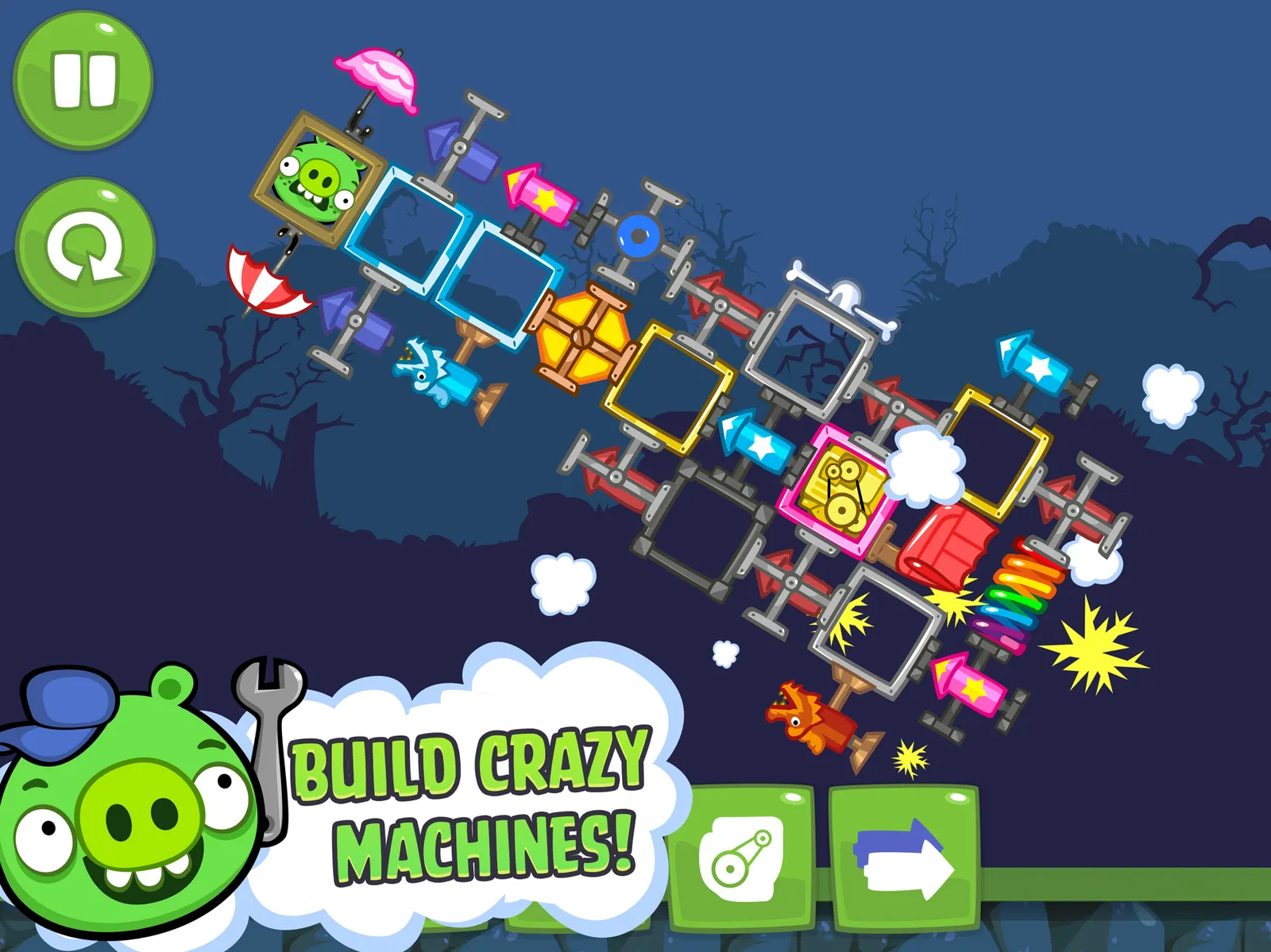 A pig drives a home-made contraption of crates, wheels and fireworks along a night-sky course, with the words 'Build crazy machines'.