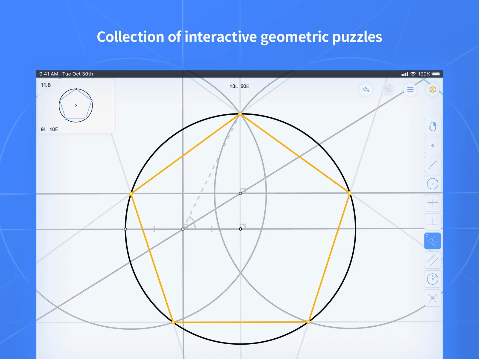 A regular pentagon being constructed inside a circle with compass arcs and construction lines, captioned 'Collection of interactive geometric puzzles'.