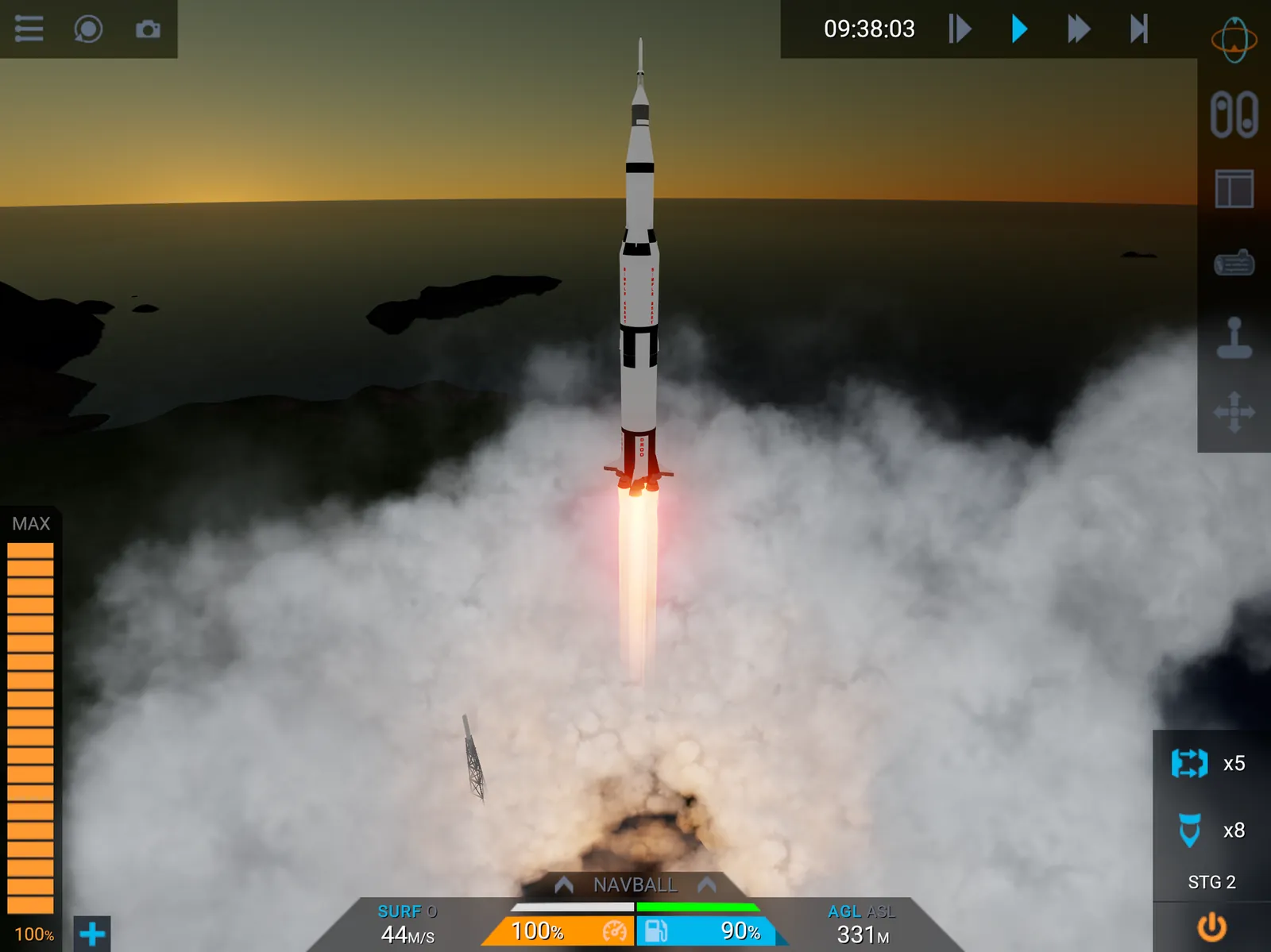 A rocket lifts off from the pad on a column of flame and smoke, with flight instruments along the edge of the screen.