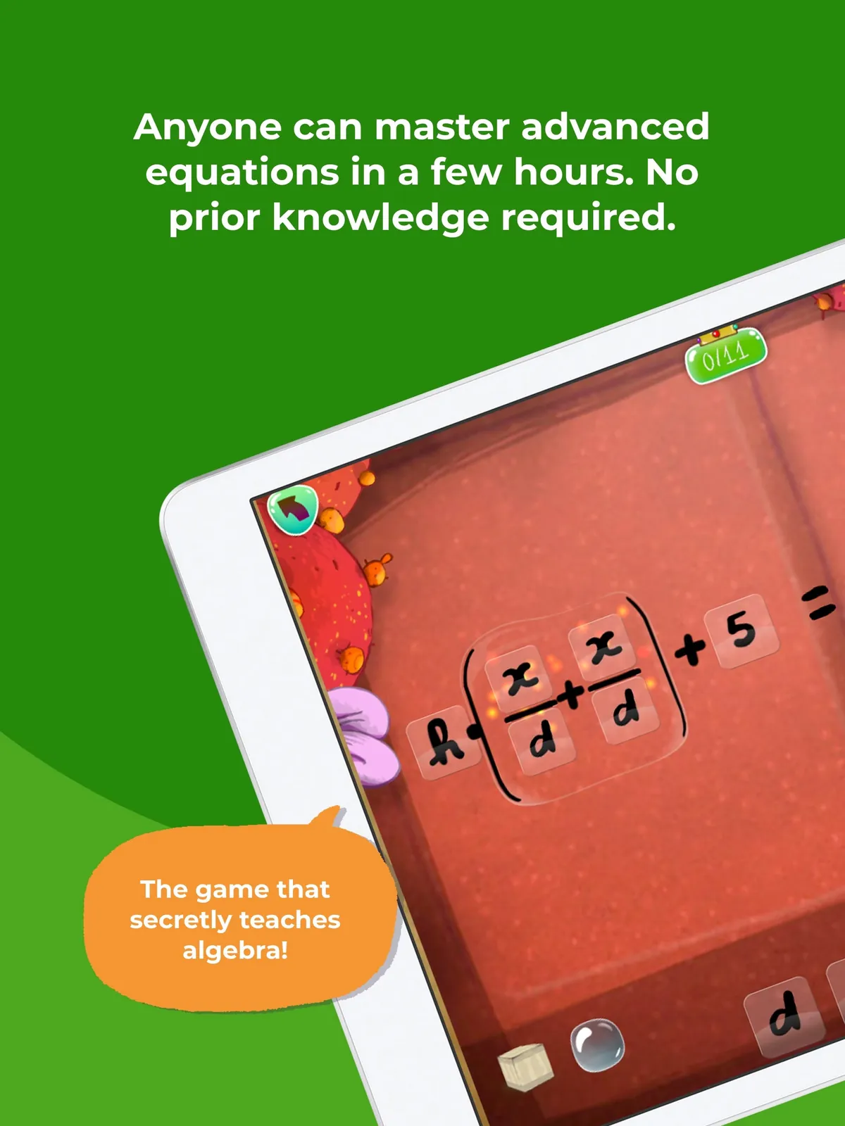A tablet shows the DragonBox board with an equation built from x-over-d cards and small monsters, captioned 'The game that secretly teaches algebra'.