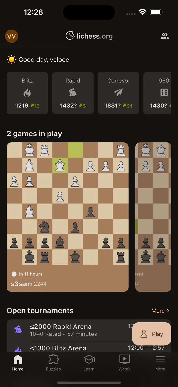 The Lichess home screen on a phone showing quick-pairing options and two chess games in play.