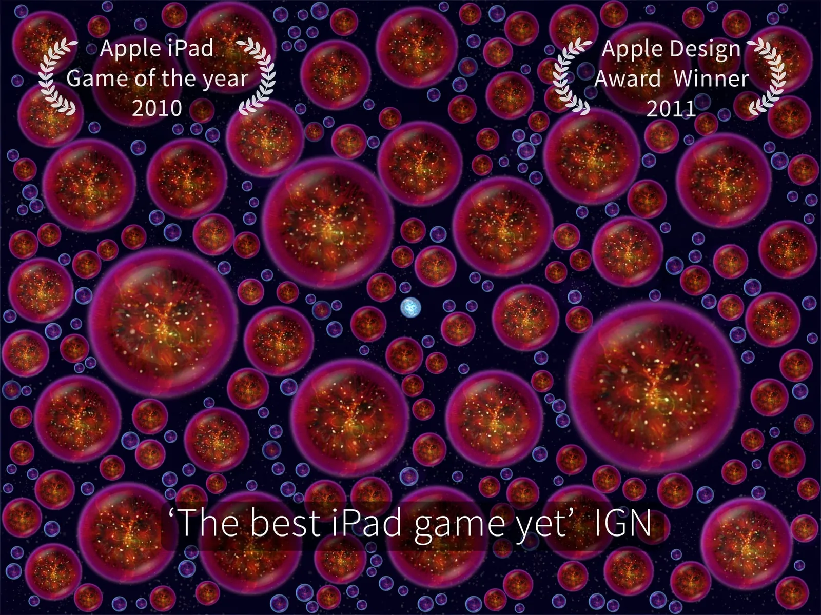 Dozens of glowing red and blue motes drift across a dark field, with award badges for iPad Game of the Year and Apple Design Award.
