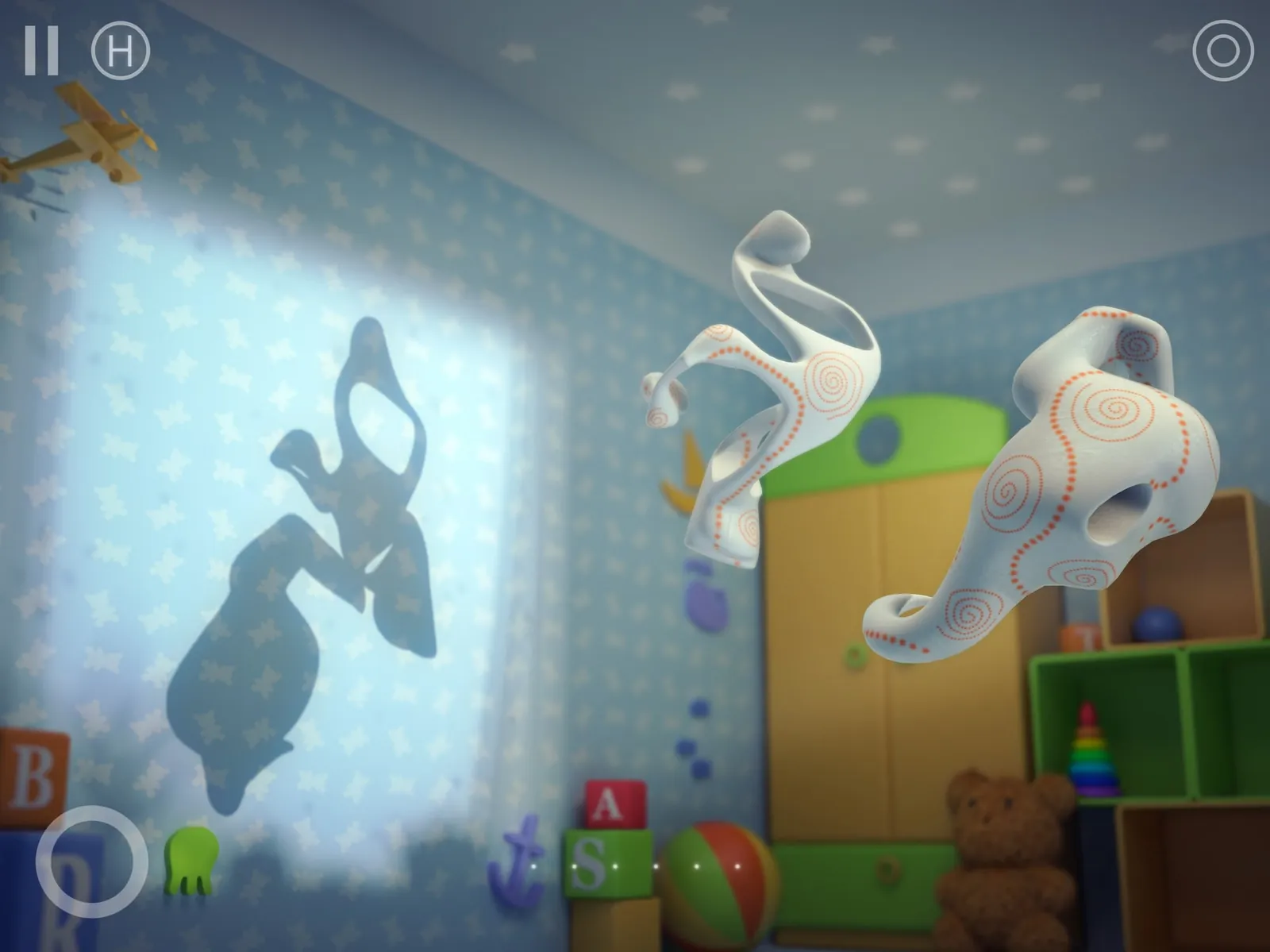 White abstract pieces float in a spotlight in a child's room and cast a shadow shaped like an animal.