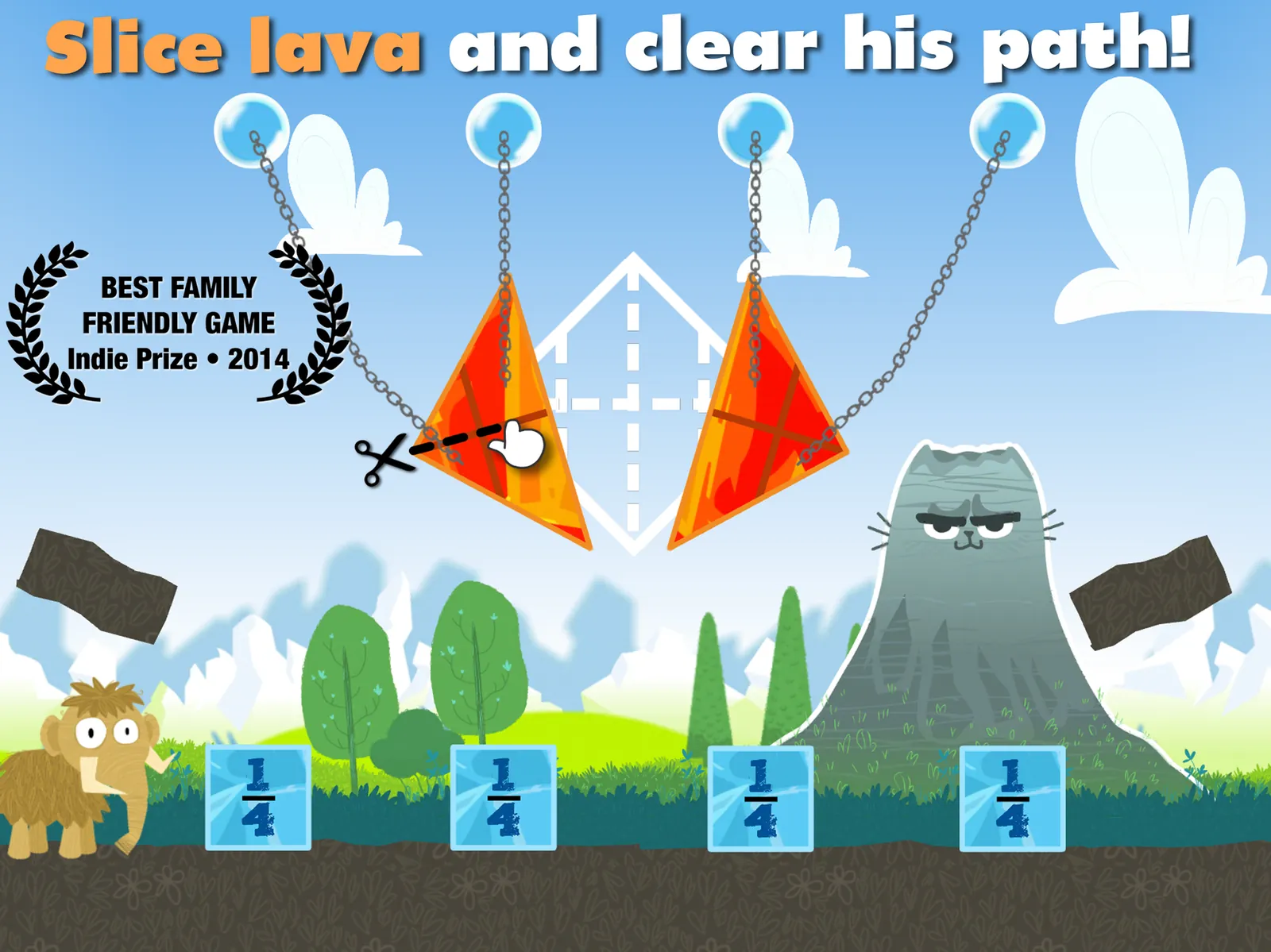 Lava blocks hang from chains above a path while a mammoth waits; quarter-fraction labels sit on ice blocks below.