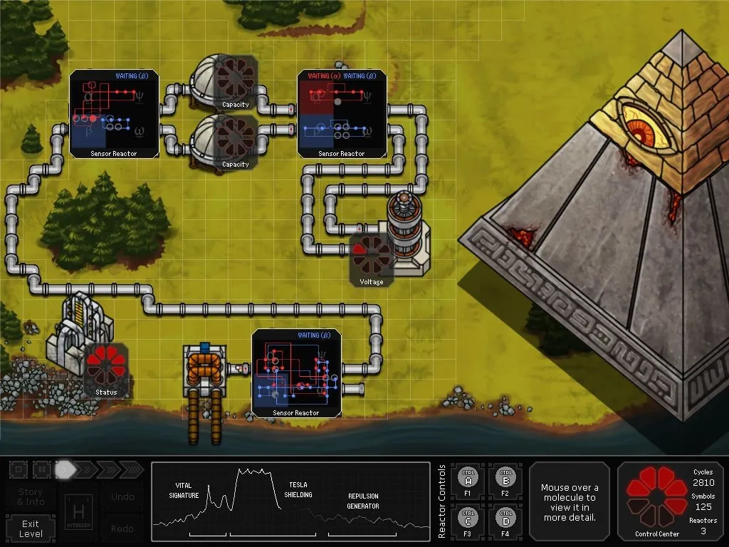 A SpaceChem production map with sensor reactors linked by pipes across a yellow-green landscape, beside a stone pyramid, with reactor controls along the bottom.