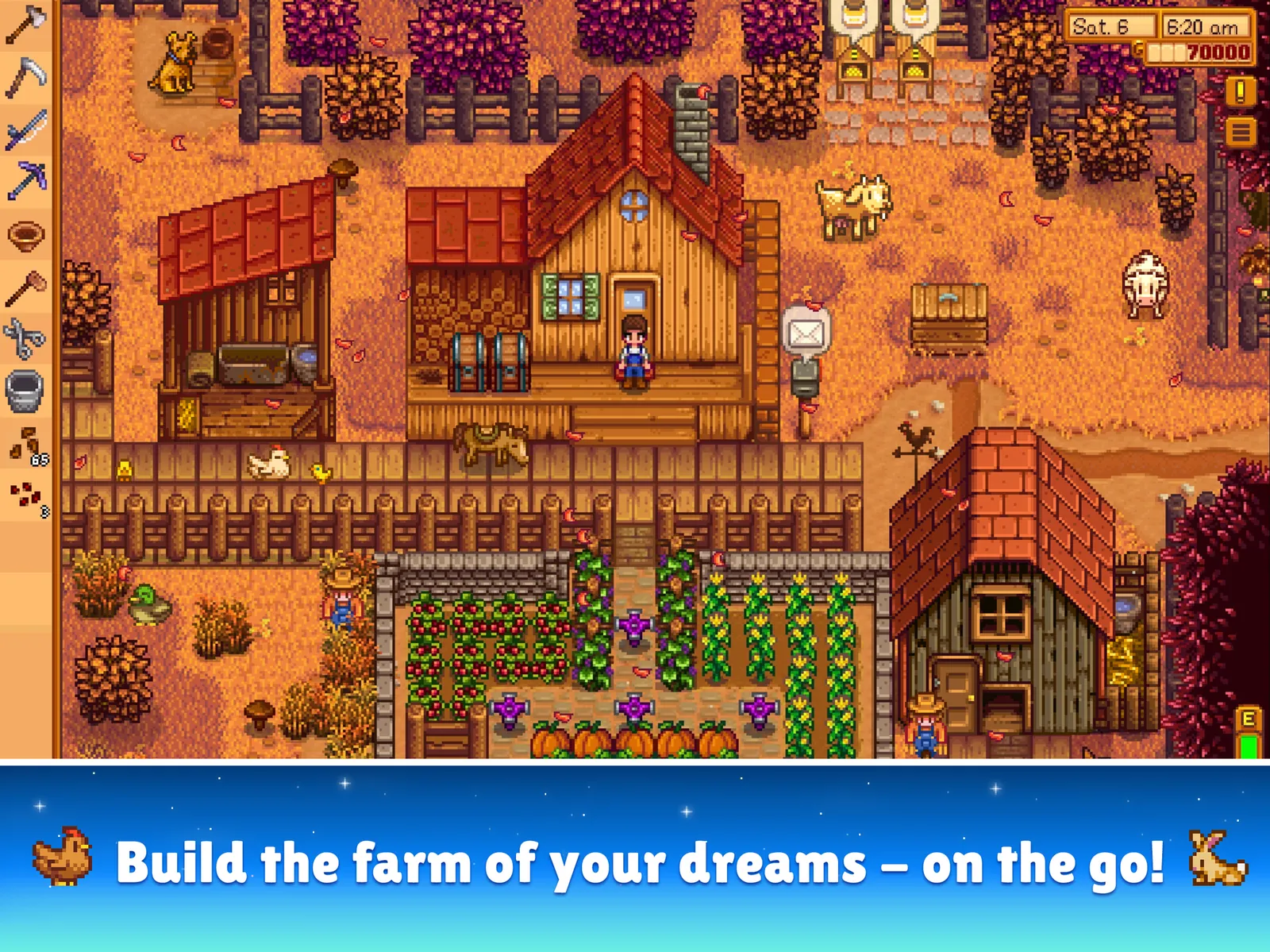 A pixel-art farm in autumn with a farmhouse, barns, crops and a pond, captioned 'Build the farm of your dreams – on the go'.