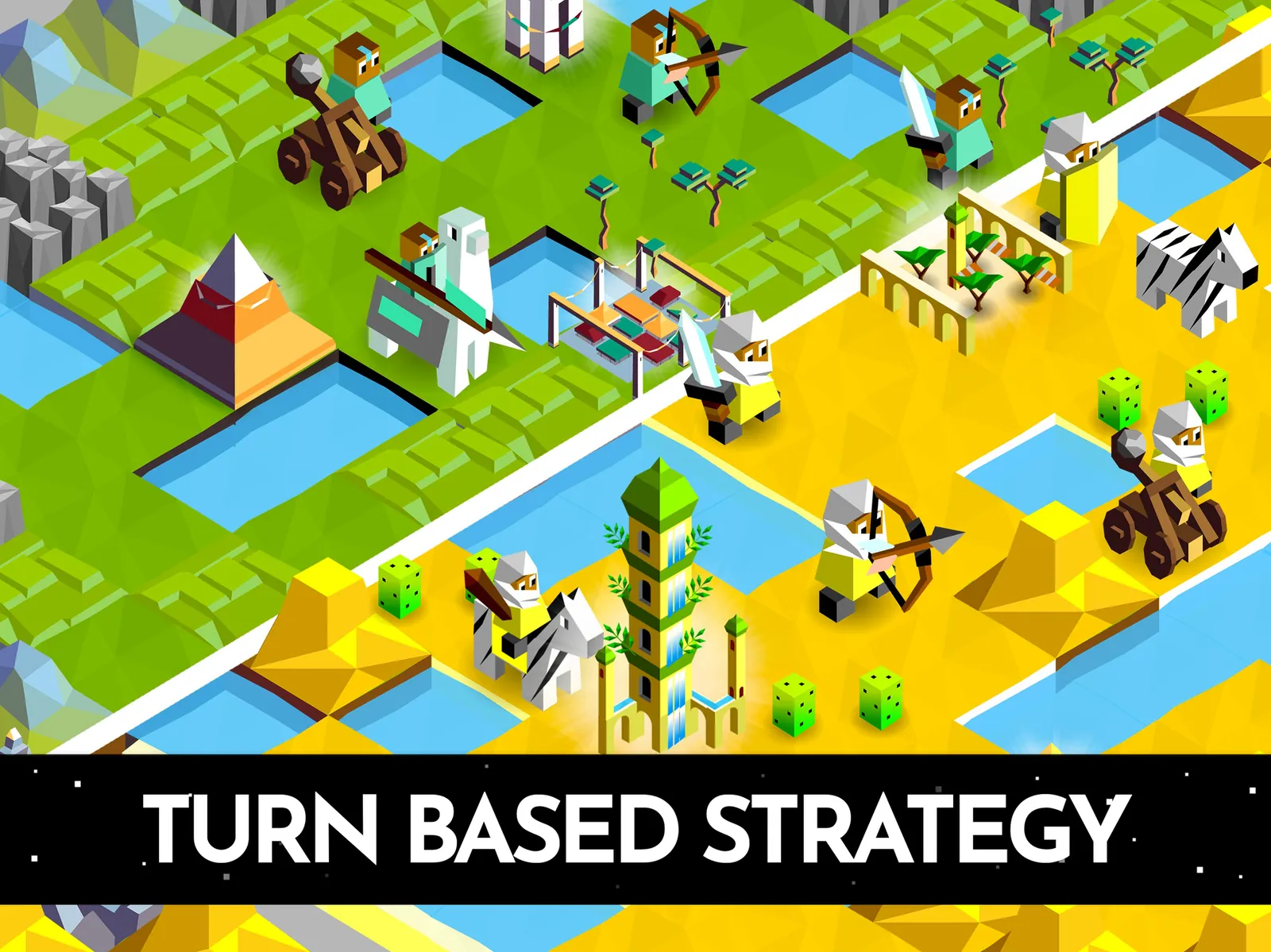 An isometric island map with tribe villages, farms, boats and fields in bright low-poly style, captioned 'Turn based strategy'.
