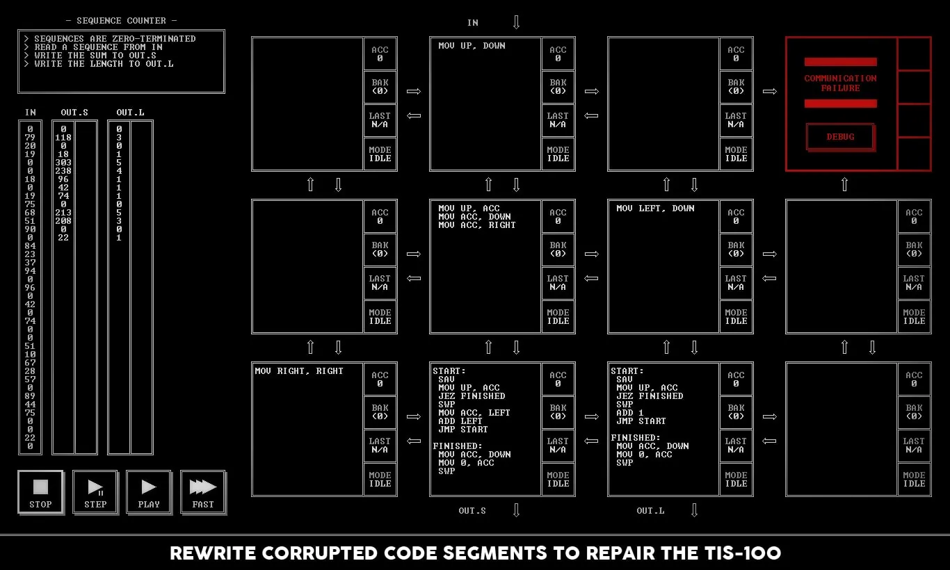 The TIS-100 grid of small assembly nodes with a sequence-counter puzzle, input and output columns on the left and a strapline about repairing corrupted code.