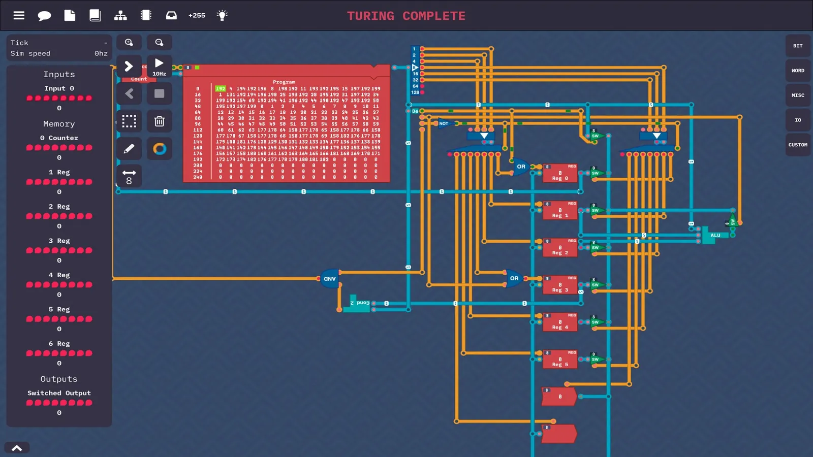 A Turing Complete board filled with orange and blue wires linking registers, an ALU and logic gates, with a program listing and input panels alongside.